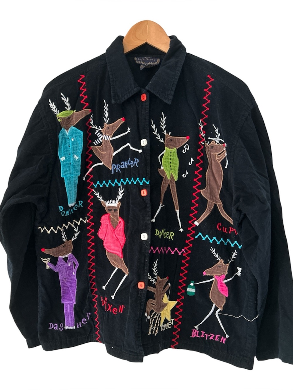 Vintage Life Style Corduroy Embroidered Christmas Reindeer Party Shirt/Jacket M